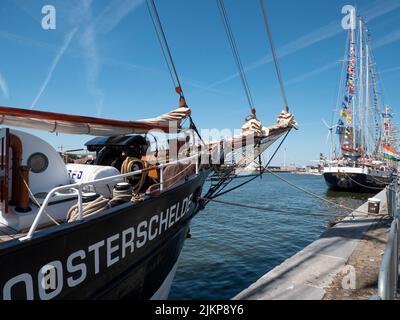 Antwerp, Belgium, 24 July 2022, The tall ships races, The bow of the sailing ship Oosterschelde, a restored Dutch schooner Stock Photo