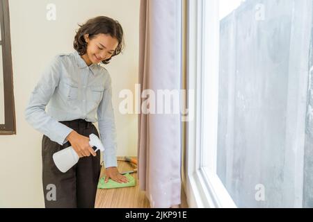 female housemaid in uniform sprays and wipes table Stock Photo