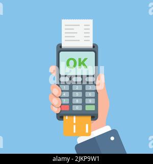 Male hand holding POS payment machine icon in flat style. Online payment vector illustration on isolated background. Banking transaction sign business Stock Vector