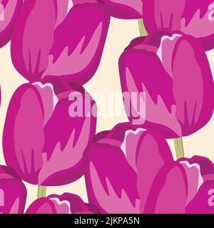 Seamless floral pattern with pink tulips. Cartoon style. Design for fabric, textile, paper. Spring colorful vector illustration, fowers with leaves Stock Vector