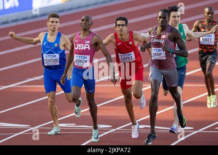 Catalin Tecuceanu (ITA), Jonah Koech (USA), Jesus Tonatiu Lopez (MEX), and Marco Arop (CAN) cross the finish of the 800 meters side by side during the Stock Photo