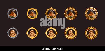 Viking and warrior game avatars in gold ranking frames. Vector cartoon set of badges with heads of characters in silver and golden circle borders with Stock Vector