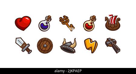 Game icons with viking helmet, sword, potions, ship and celtic cross. Vector cartoon set of 2d ui elements of health, energy and armor of medieval kni Stock Vector