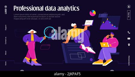 Professional data analytics banner with people team work with graph and analysis reports. Vector night mode of landing page with flat illustration of Stock Vector
