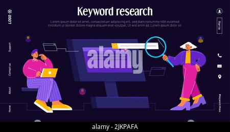 Keyword research banner with people team work with traffic and query analysis. Vector landing page of SEO with flat illustration of man with laptop an Stock Vector