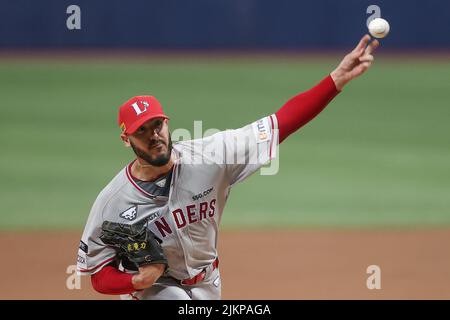 Seoul, May 3, 2022. Baseball: Hanwha Eagles vs. SSG Landers Hanwha Eagles  starter Yoon Dae-kyung throws a pitch during a Korea Baseball Organization  regular season game against the SSG Landers at Incheon