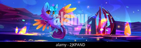 Alien world landscape with superhero cat and magic portal at night. Vector cartoon fantastic illustration of cute hero character, flying kitten with m Stock Vector