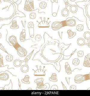 Seamless pattern with items for sewing and knitting. Needles, threads, scissors hoops with embroidery and buttons on white background. Vector illustra Stock Vector