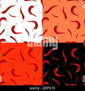Set of seamless patterns with hot red pepper for mexican dishes. Hot chili pepper. Ornament for decoration and printing on fabric. Design element. Vec Stock Vector