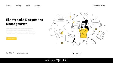 Electronic document management landing page. Data archive organization, office documents and files storage. Vector hand drawn illustration of woman so Stock Vector