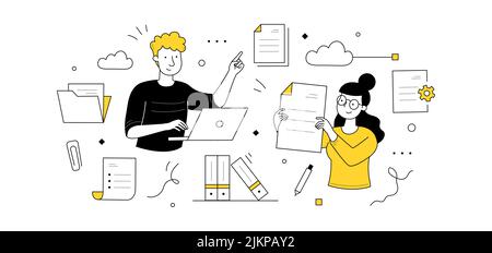 Electronic documents management, paperwork organization doodle concept. Office workers with laptop organizing files and papers. Business administratio Stock Vector