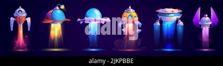Alien spaceship game icons vector set. Funny flying rockets, ufo shuttles cartoon collection illustrations isolated on white background. Fantasy cosmi Stock Vector