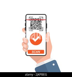 QR code scan illustration in flat style. Mobile phone scanning vector illustration on isolated background. Barcode reader in hand sign business concep Stock Vector