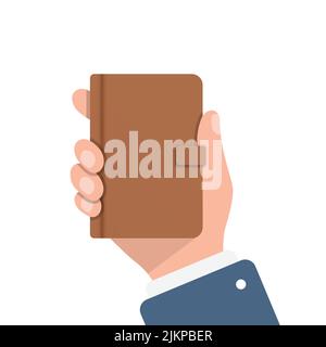 Diary in hand illustration in flat style. Notebook vector illustration on isolated background. Notepad sign business concept. Stock Vector