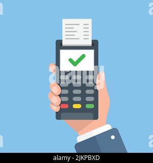 Male hand holding POS payment machine icon in flat style. Online payment vector illustration on isolated background. Banking transaction sign business Stock Vector