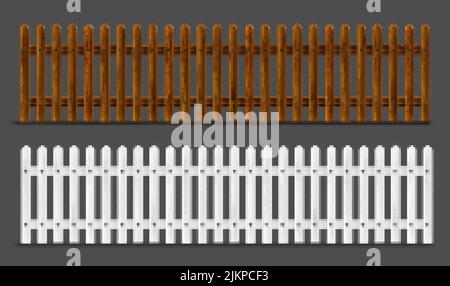 Wooden fence, palisade, stockade or balustrade with pickets. Brown and white banister or fencing sections with paling. Wood garden border balusters is Stock Vector