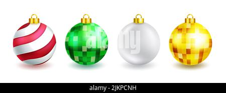 Christmas balls vector set design. Christmas ball 3d realistic in colorful and shiny decorative patterns isolated in white background for xmas decor. Stock Vector
