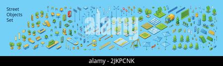 Street objects set with isometric trees, road signs, traffic lights, hotel and restaurant signboards. Vector illustration of park and cafe objects, la Stock Vector