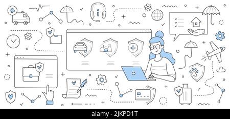 Insurance service doodle concept. Woman with laptop choose safety policy for health, life, property, family or pets protection with outline icons arou Stock Vector
