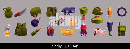 Military game icons cartoon vector set. Isolated war weapon collection, bomb, bullet and rocket, knife and water flask, compass and walkie talkie, pro Stock Vector