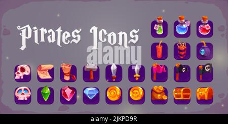 Pirate icons with treasure chest, skull, gold coins, swords and bottles. Vector cartoon set of game objects, old map, scroll, black flags, gemstones, Stock Vector