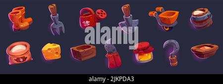 Set of game icons, gardening tools and farm products cartoon Vector watering can, milk bucket, wood box, shovel, wheelbarrow and boots. Trough, sickle Stock Vector