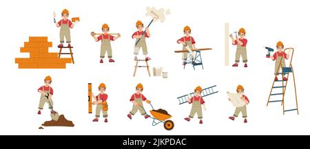 Repair service workers. Builders, repairmen, construction and renovation employees or foreman characters in uniform with professional tools, brick wal Stock Vector