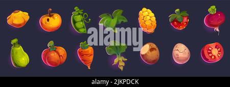 Vegetables and fruit icons. Game items of strawberry, carrot, potato, tomato, apple and egg. Vector cartoon set of farm food symbols, pumpkin, corn, g Stock Vector