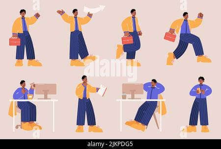 Businessman, office black skin worker poses set. Vector flat illustrations of employee character with briefcase and phone busy at workplace, run, hold Stock Vector