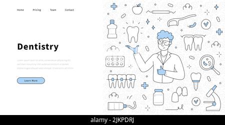 Dentistry medicine doodle landing page. Stomatology doctor with healthy shining tooth in hand, medical linear equipment icons around. Dental clinic se Stock Vector