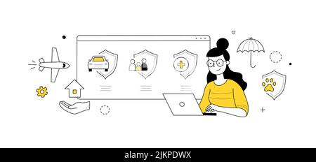 Insurance service doodle concept. Woman with laptop choose safety policy for health, life, property, family or pets protection, outline icons. Secure Stock Vector