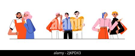 Characters gossips, whisper, happy and unhappy people gossiping, whispering in ear, slandering, spreading secrets, rumors, confidential information an Stock Vector