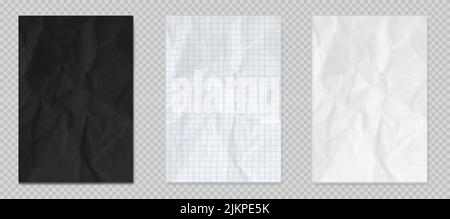 Crumpled paper effect, flyers, texture, posters. Black, white and notebook sheet with checks. Blank page templates, banners isolated on transparent ba Stock Vector