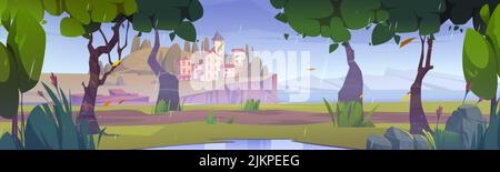 Mediterranean landscape stone houses on cliff at sea coast in dull rainy day. Ancient european architecture buildings at scenery summer nature with mo Stock Vector