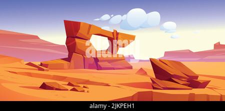 Arizona desert landscape, wild west background with golden sand dunes and stones under blue sky. Dry deserted nature with cracked yellow sandy surface Stock Vector