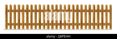 Wooden fence, palisade, stockade or balustrade with pickets. Brown banister or fencing sections with paling. Wood garden border balusters isolated ele Stock Vector