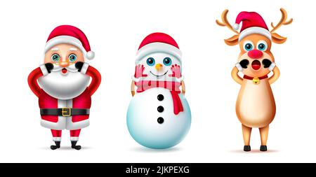Christmas characters vector set. Christmas 3d character in standing pose and gestures with cute and friendly facial expression for holiday season. Stock Vector