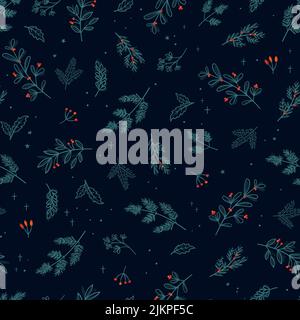 Cute hand drawn seamless pattern with fir branches and hanging decoration, great for christmas banners, wallpapers, wrapping, textiles - vector design Stock Vector