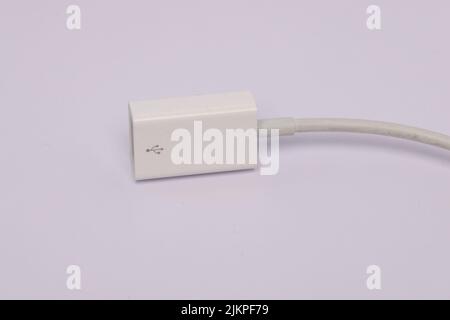 A closeup of a USB-C to USB adapter isolated on a white background with copyspace Stock Photo