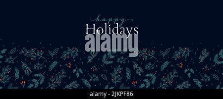 Cute hand drawn horizontal seamless pattern with fir branches and hanging decoration, great for christmas banners, wallpapers, wrapping, textiles - ve Stock Vector