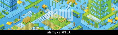 Isometric city map, modern town with eco park, kids playground, hotel or office buildings with restaurant. Vector horizontal illustration of city dist Stock Vector