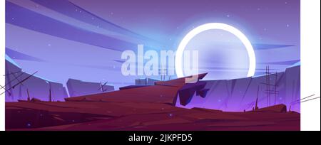 Cosmic background, alien planet deserted landscape with deep cleft in mountains, rocks, stars and huge glowing halo shining in space. Extraterrestrial Stock Vector