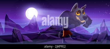 Spooky werewolf, wolf monster at night. Vector Halloween background with cartoon stone wasteland landscape with mountains, full moon in sky and scary Stock Vector