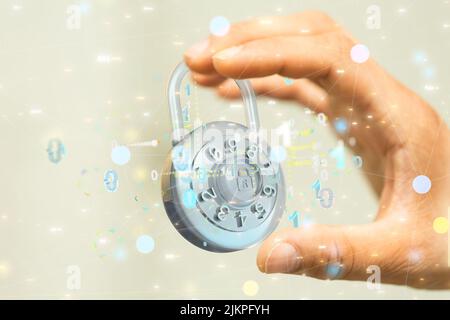 a 3d design of Security Shield concept, data protection. Shield with dots and lines connection. Stock Photo