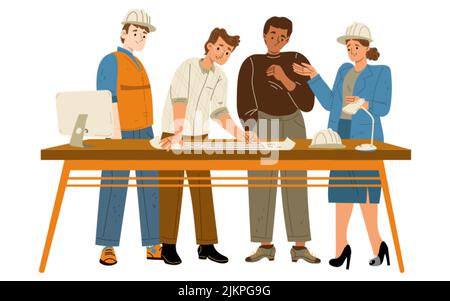 Architects and builders learn house plan around table. Construction workers, engineers or foreman architecture employees in helmets discuss blueprint Stock Vector
