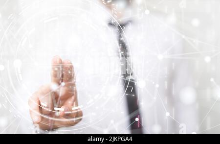 A network graphic with a person's hand touching it from the background Stock Photo
