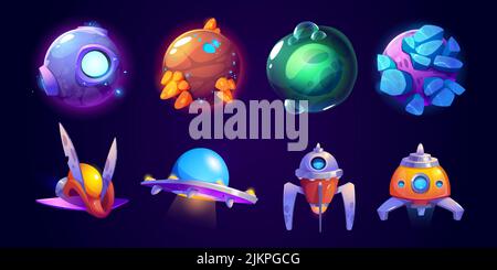 Alien spaceship, fantasy planets game icons vector set. Funny rockets, ufo shuttles cartoon collection illustrations isolated on white background. Cut Stock Vector