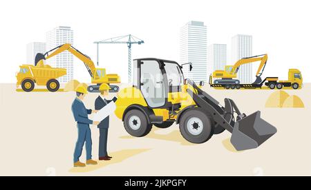 excavator with bulldozer loading, illustration Stock Vector