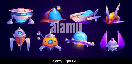 Alien spaceship game icons vector set. Funny rockets, ufo shuttles cartoon collection illustrations isolated on white background. Fantasy cosmic objec Stock Vector