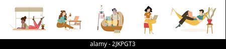 Home office set, freelancers men and women working remotely on laptops at comfortable domestic workplace. Outsourced workers, freelance, self-employed Stock Vector